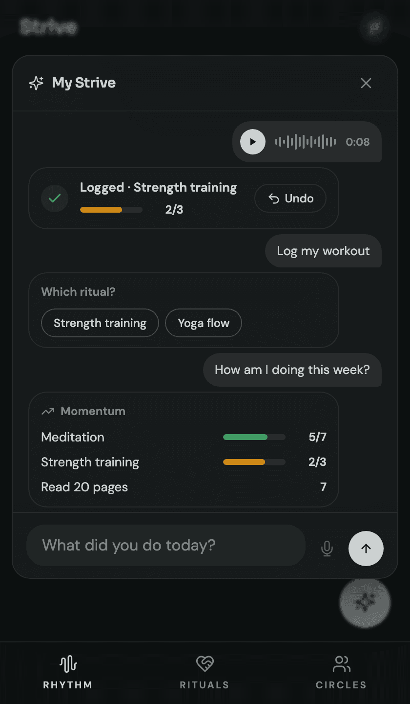 Strive AI chat logging a ritual in natural language