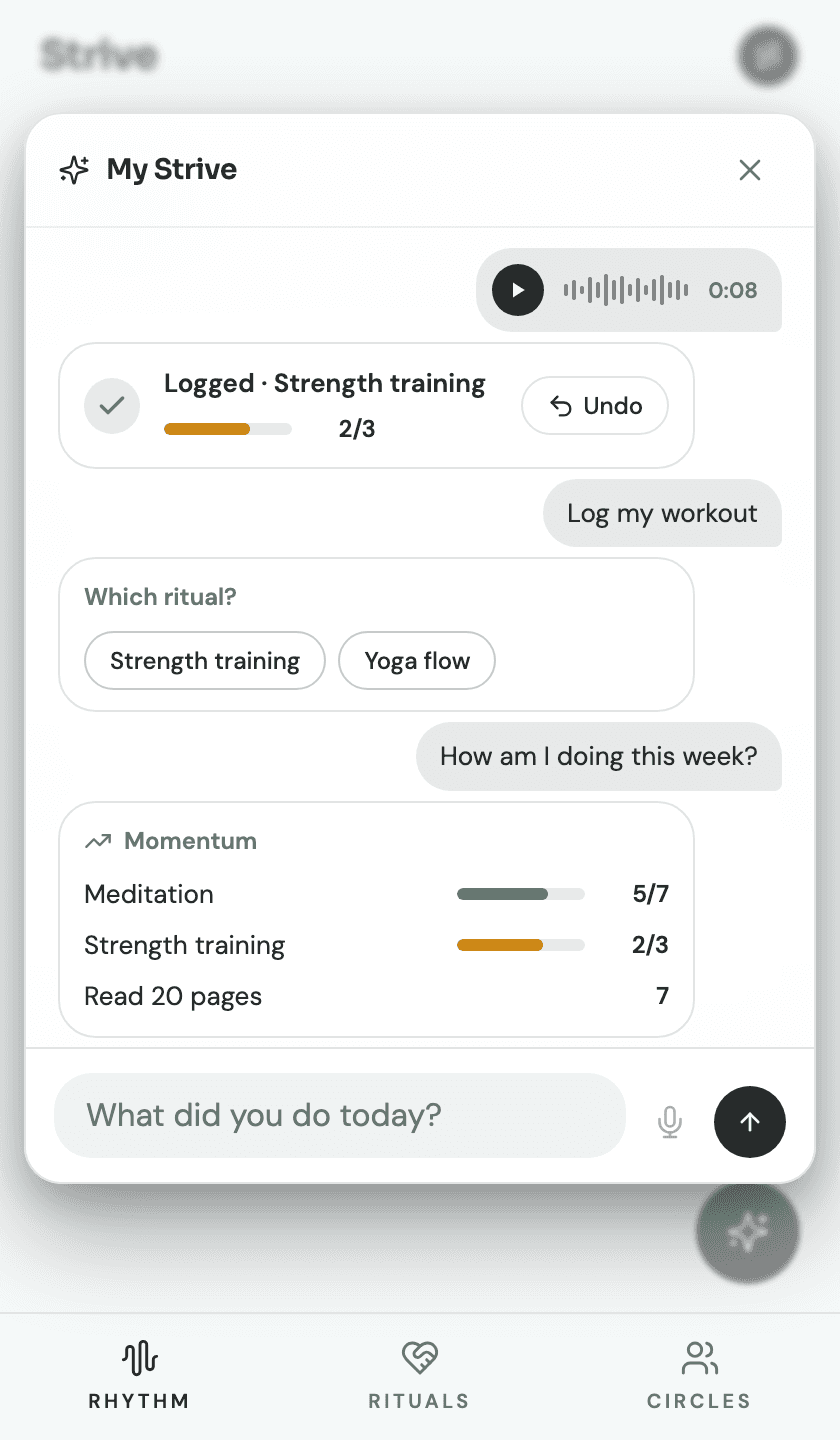 Strive AI chat logging a ritual in natural language