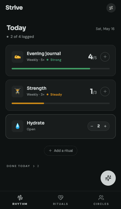 Strive Rhythm screen showing today's rituals at a glance